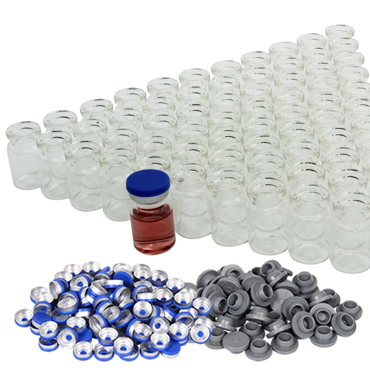 3-20 ml Flip Off Glass Vials-Glass Headspace Vials with Plastic-Aluminum Flip Caps and Rubber Injection Stoppers, 100 Pack, 20mm Flat Bottom Lab Vial
