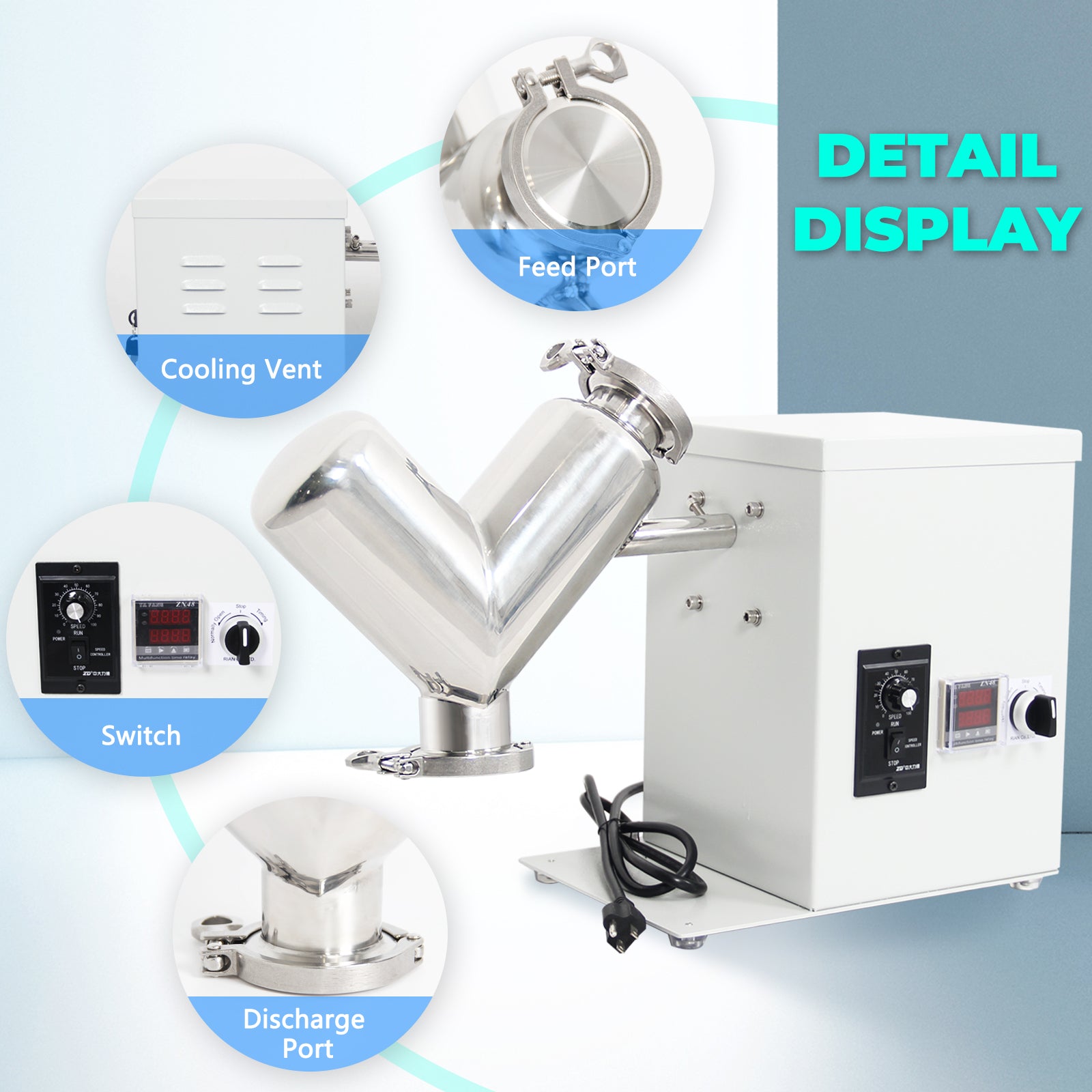 2L Lab Shear V Type Dry Powder Mixer, Mixing Machine for Powder, 304 Stainless Steel Blender Blending Machine
