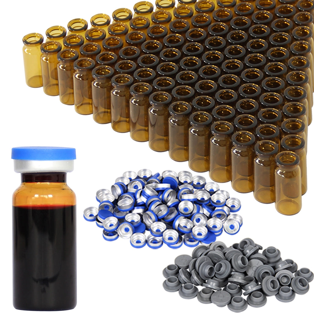 3-20 ml Flip Off Glass Vials-Glass Headspace Vials with Plastic-Aluminum Flip Caps and Rubber Injection Stoppers, 100 Pack, 20mm Flat Bottom Lab Vial