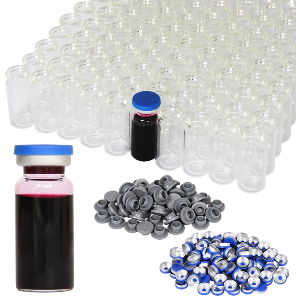 3-20 ml Flip Off Glass Vials-Glass Headspace Vials with Plastic-Aluminum Flip Caps and Rubber Injection Stoppers, 100 Pack, 20mm Flat Bottom Lab Vial