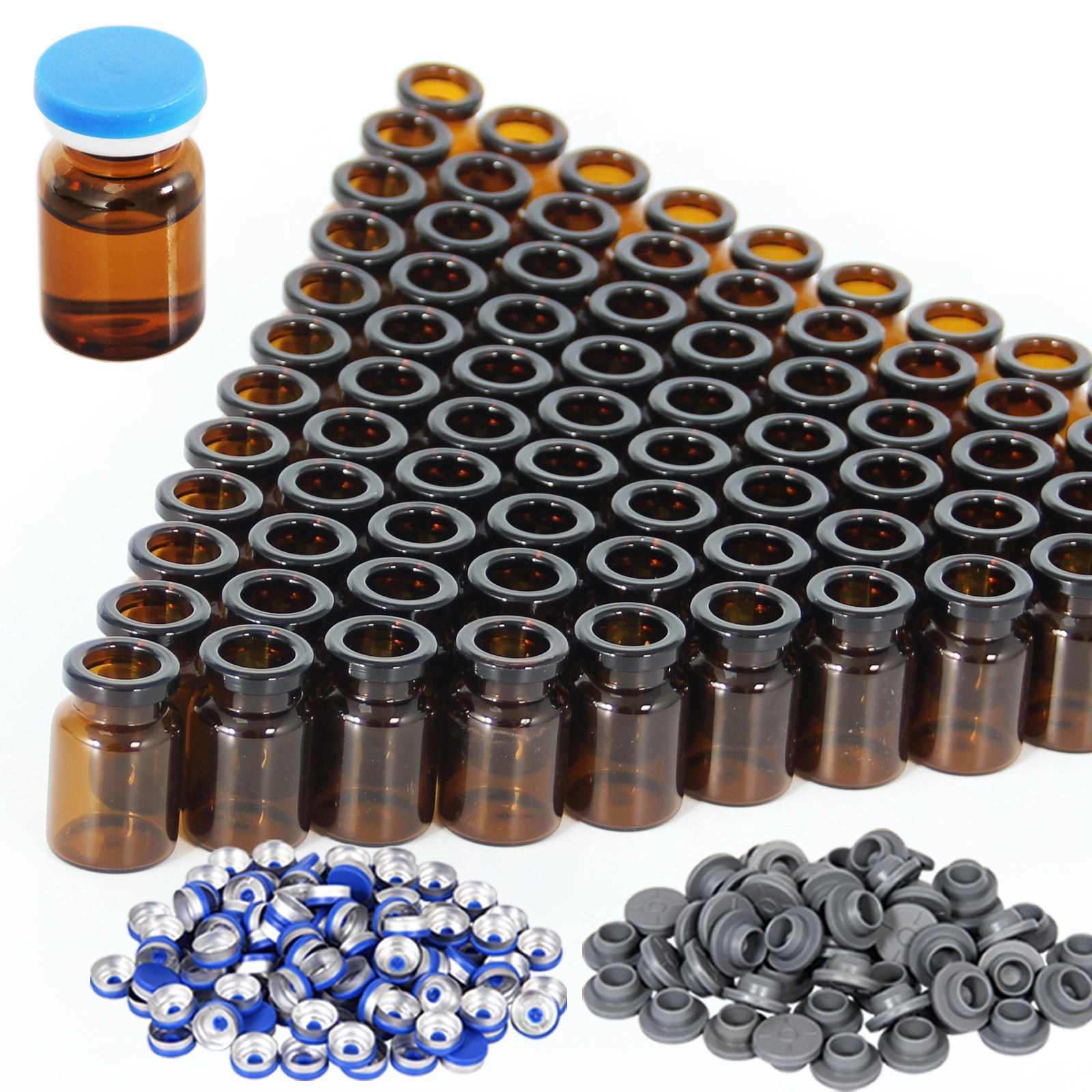 3-20 ml Flip Off Glass Vials-Glass Headspace Vials with Plastic-Aluminum Flip Caps and Rubber Injection Stoppers, 100 Pack, 20mm Flat Bottom Lab Vial